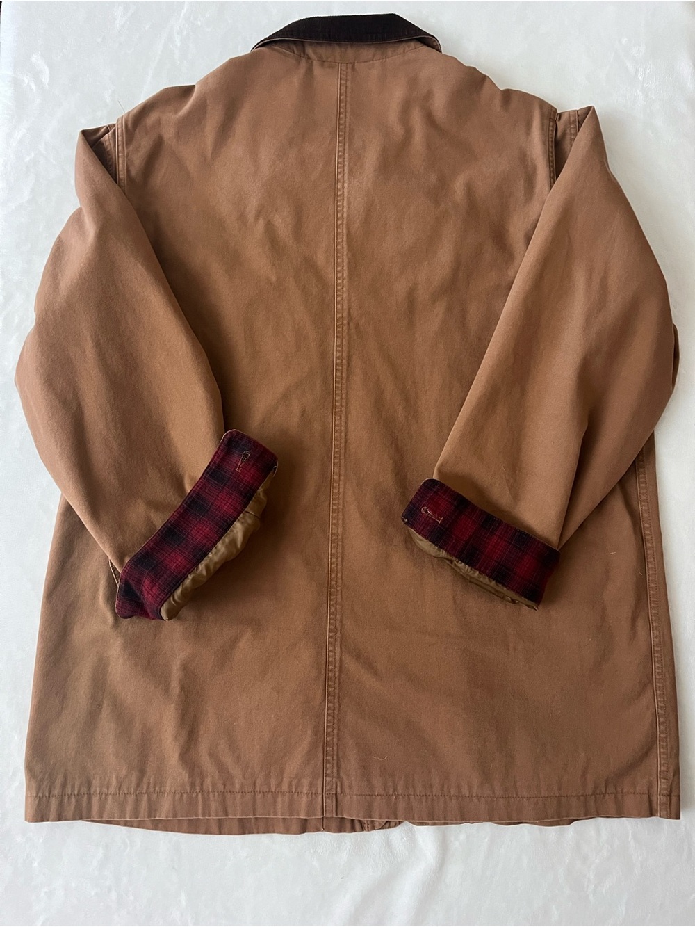 Orvis Heritage Canvas Barn Coat with Dark Brown Corduroy Collar & Plaid Lining - Picture 3 of 16